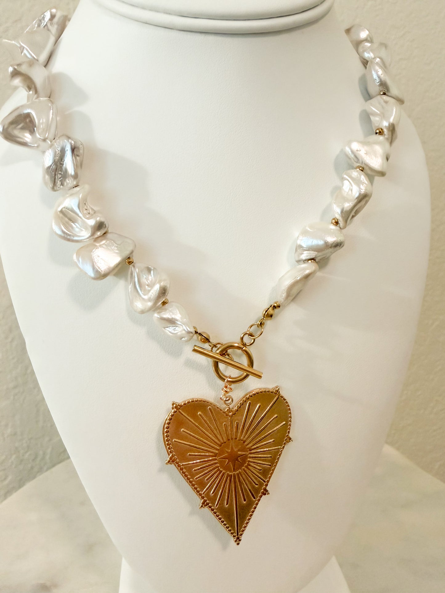 Pearl Heart Charm Statement Necklace