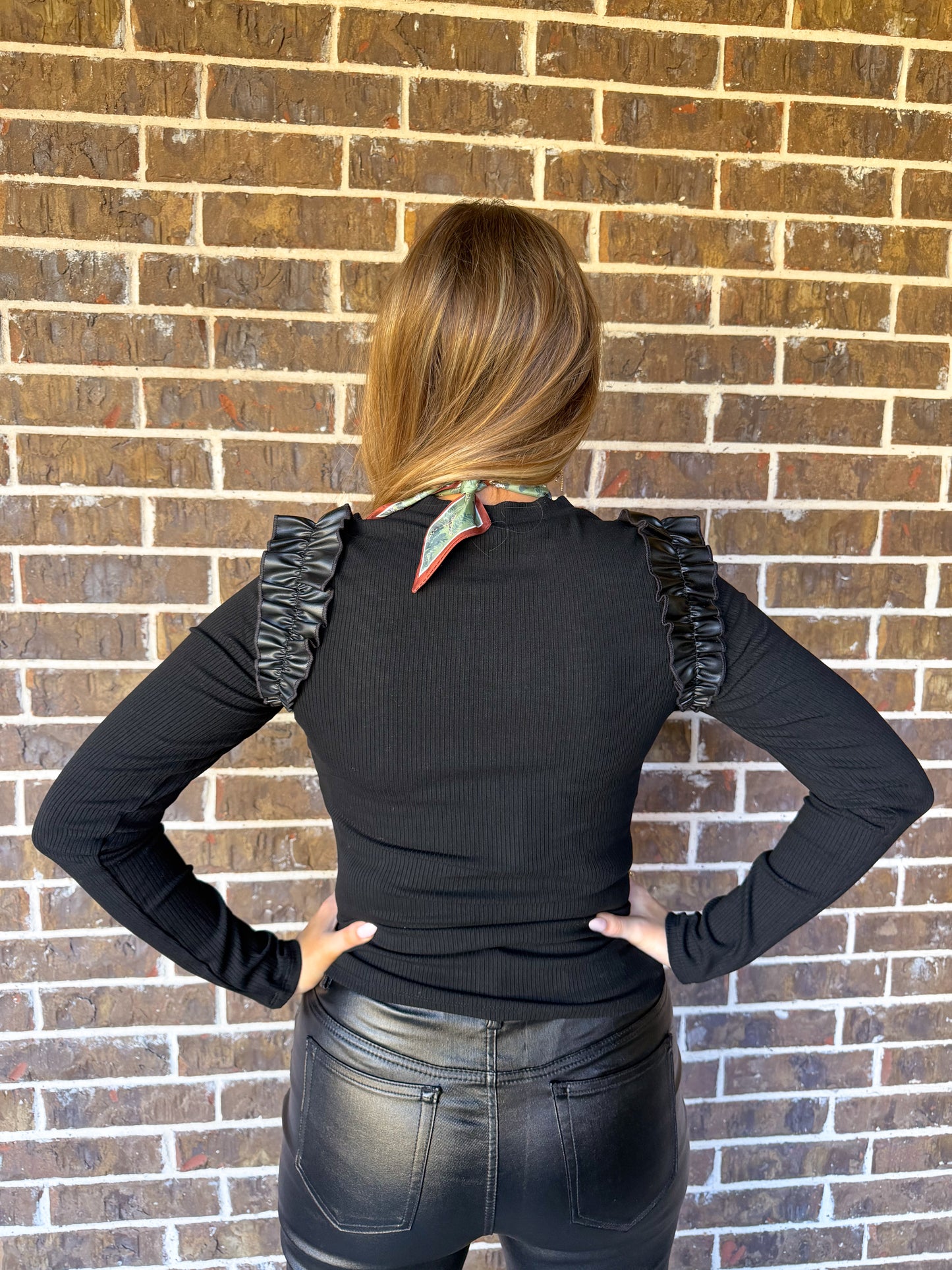 Black Ribbed Long Sleeve Top with Faux Leather Ruffle Shoulders