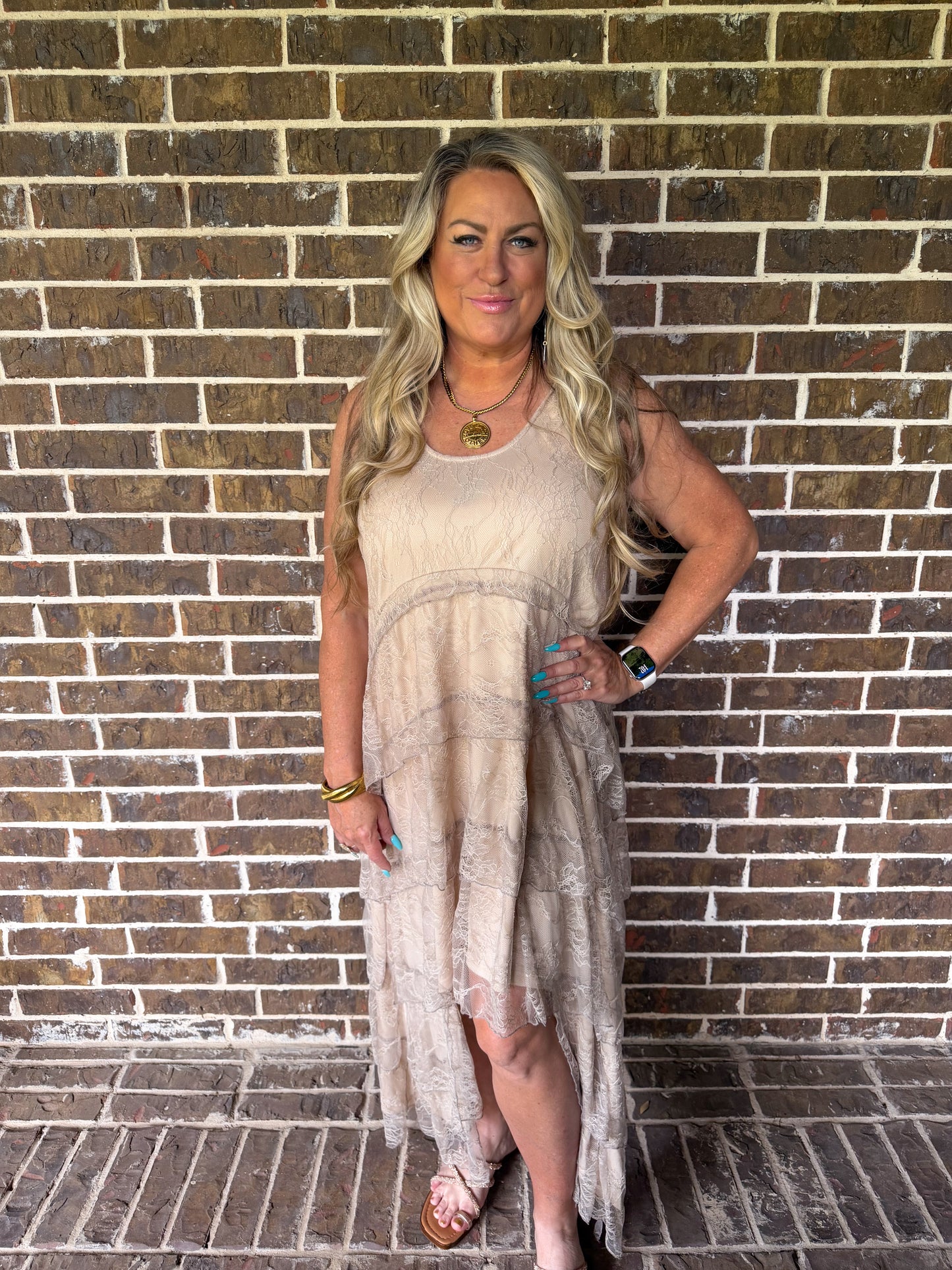 Taupe Lace Tiered Midi Dress