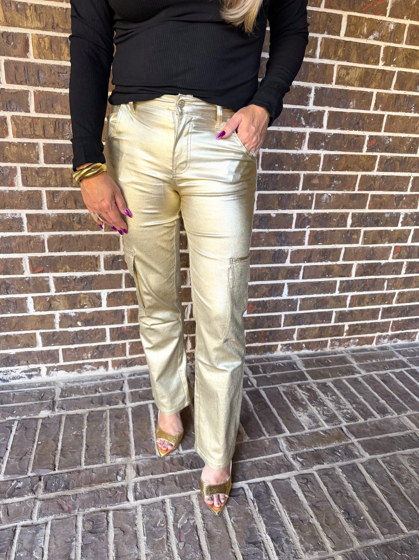 Metallic Gold Straight-Leg Pants