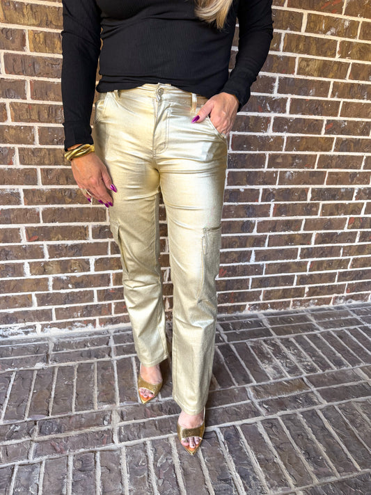 Metallic Gold Straight-Leg Pants