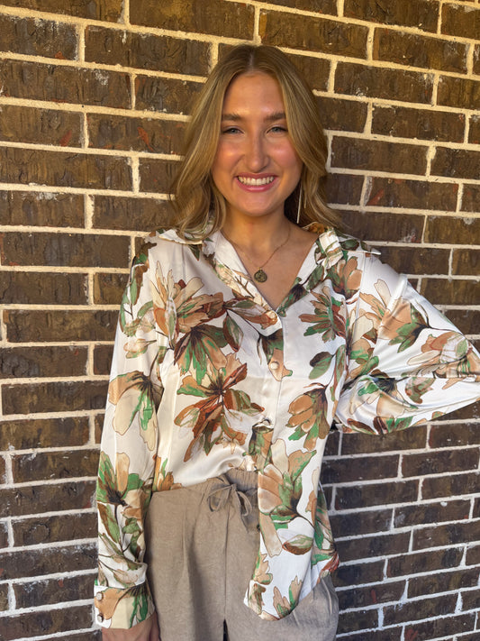 Floral Satin Button Down Blouse