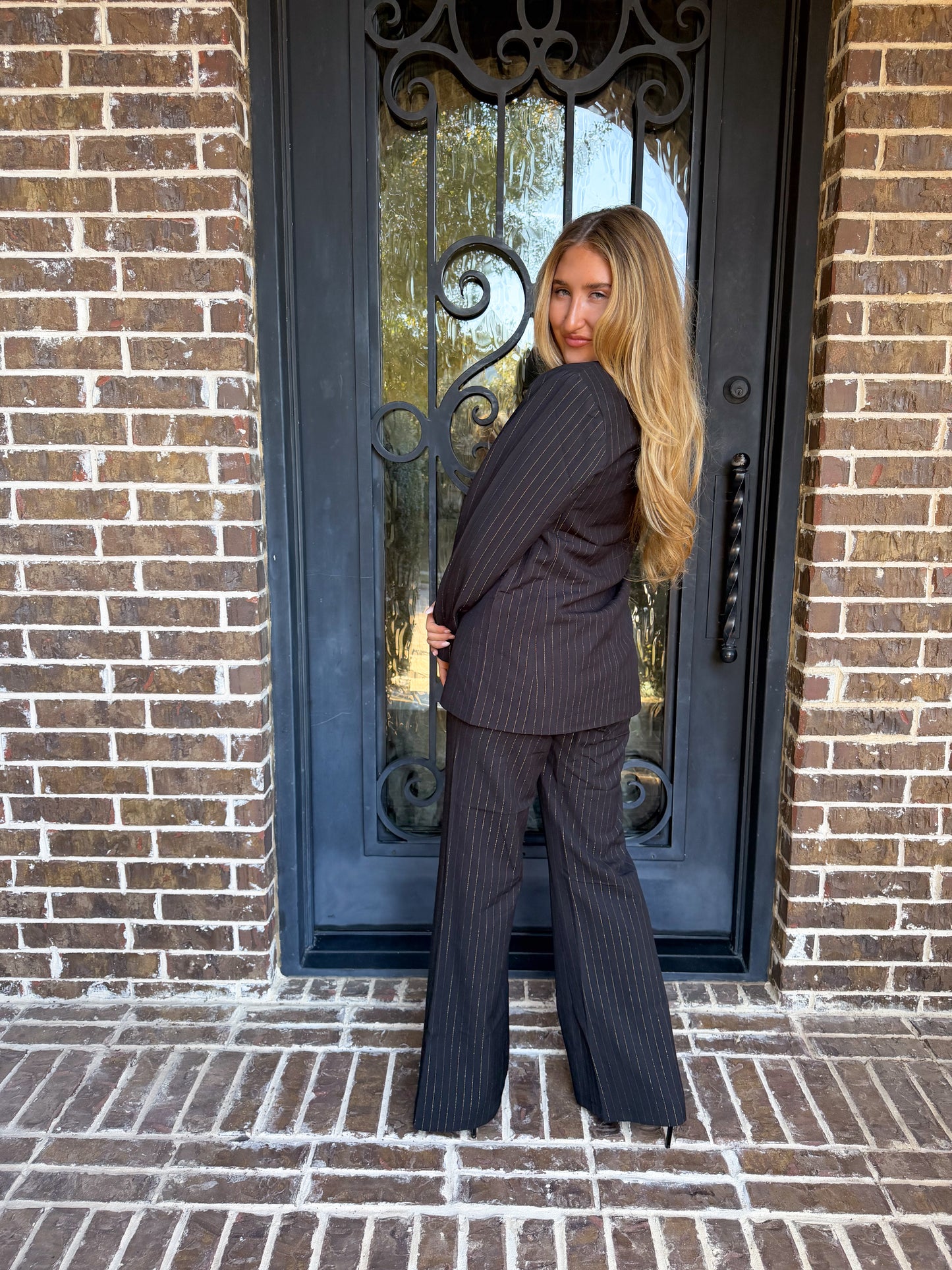 Black & Gold Pinstripe Pantsuit Set