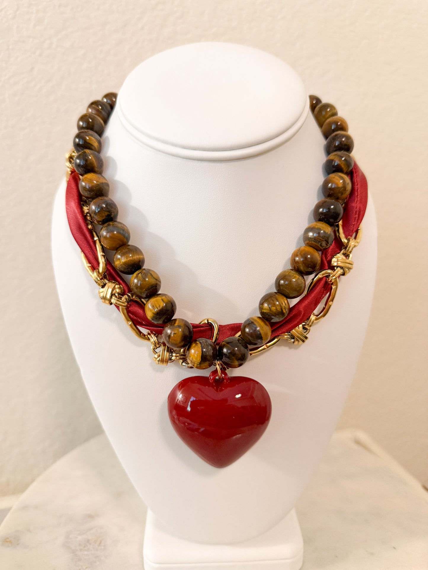 Tiger’s Eye Beaded Necklace with Red Heart Pendant
