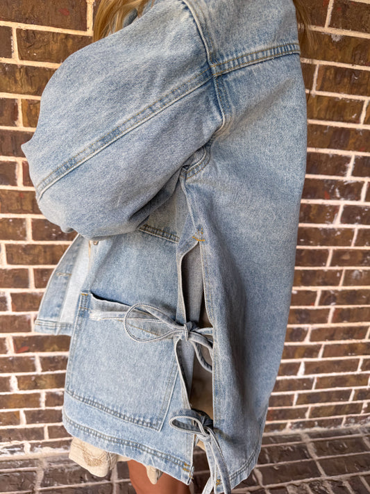 Oversized Denim Jacket with Side Tie Details