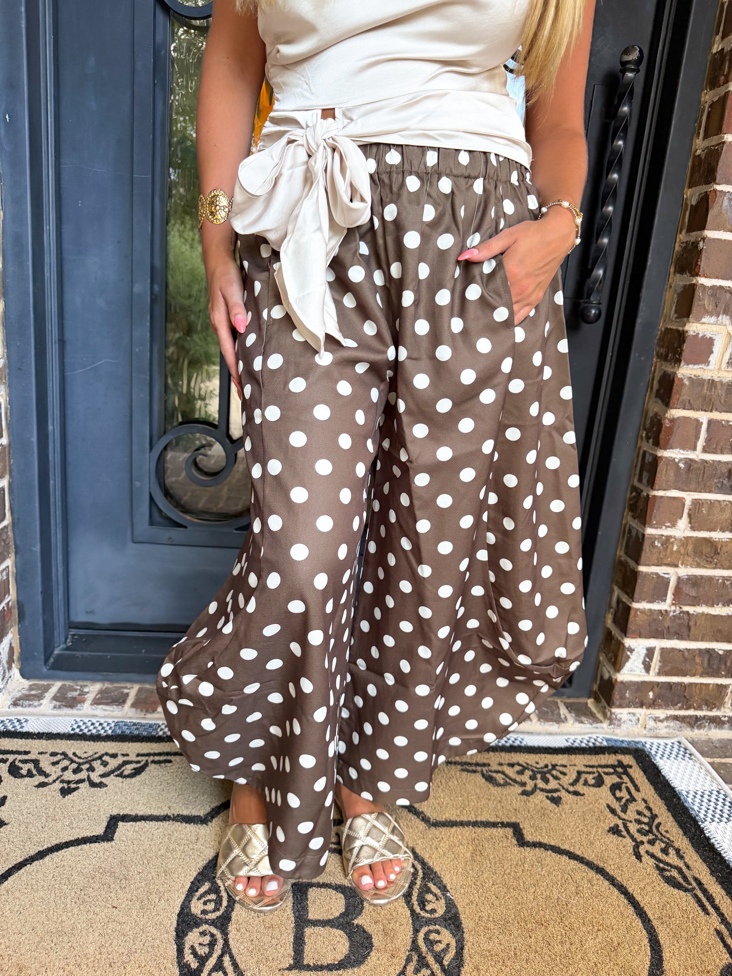Mocha Polka Dot Wide Leg Pants