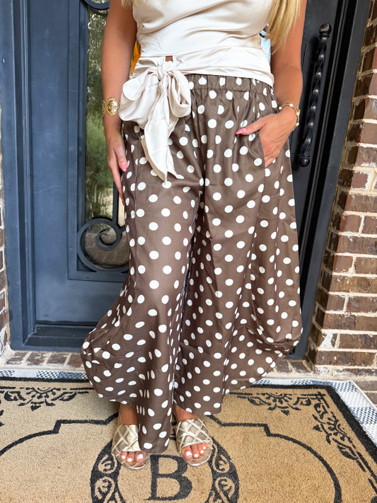 Mocha Polka Dot Wide Leg Pants