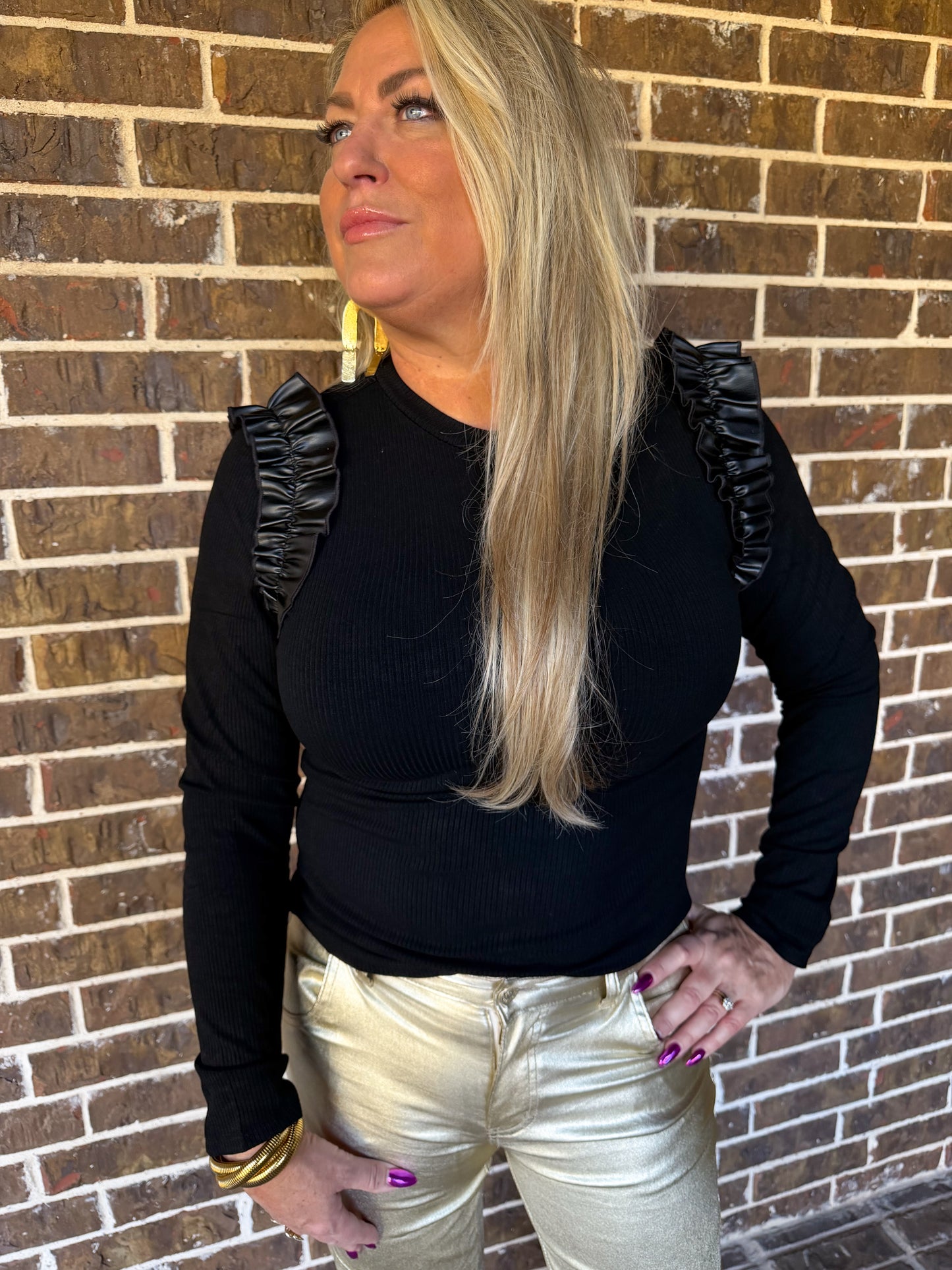 Black Ribbed Long Sleeve Top with Faux Leather Ruffle Shoulders