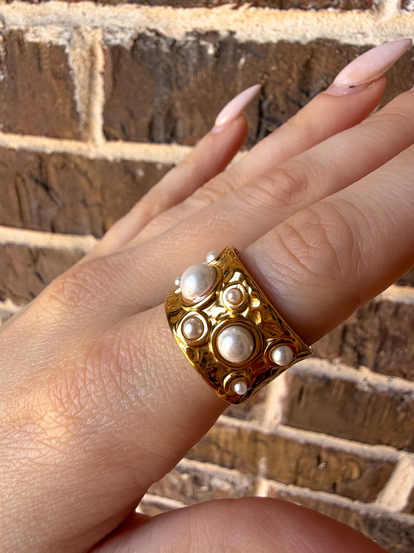 Golden Pearl Adjustable Statement Ring
