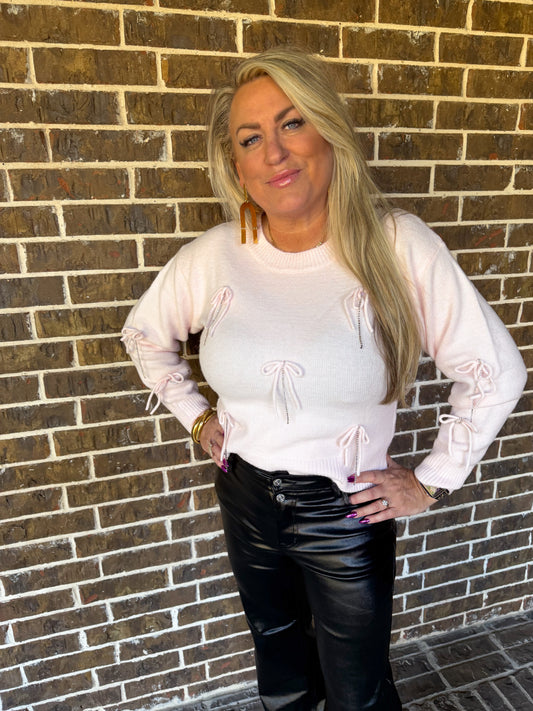 Pink Bow & Rhinestone Embellished Sweater