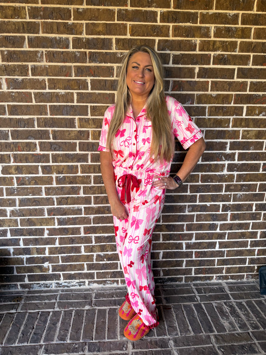 Pink Bow Print Pajama Set