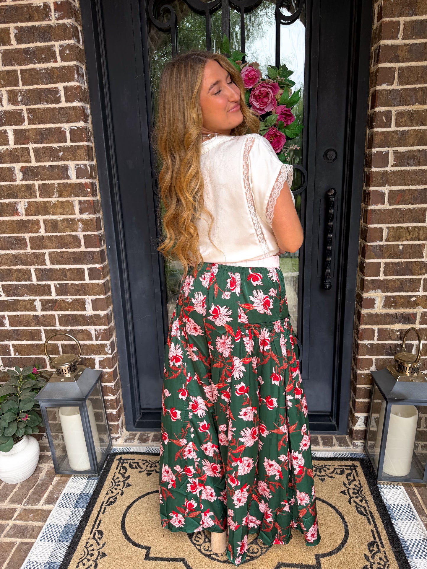 Emerald Green Floral Wide Leg Pants