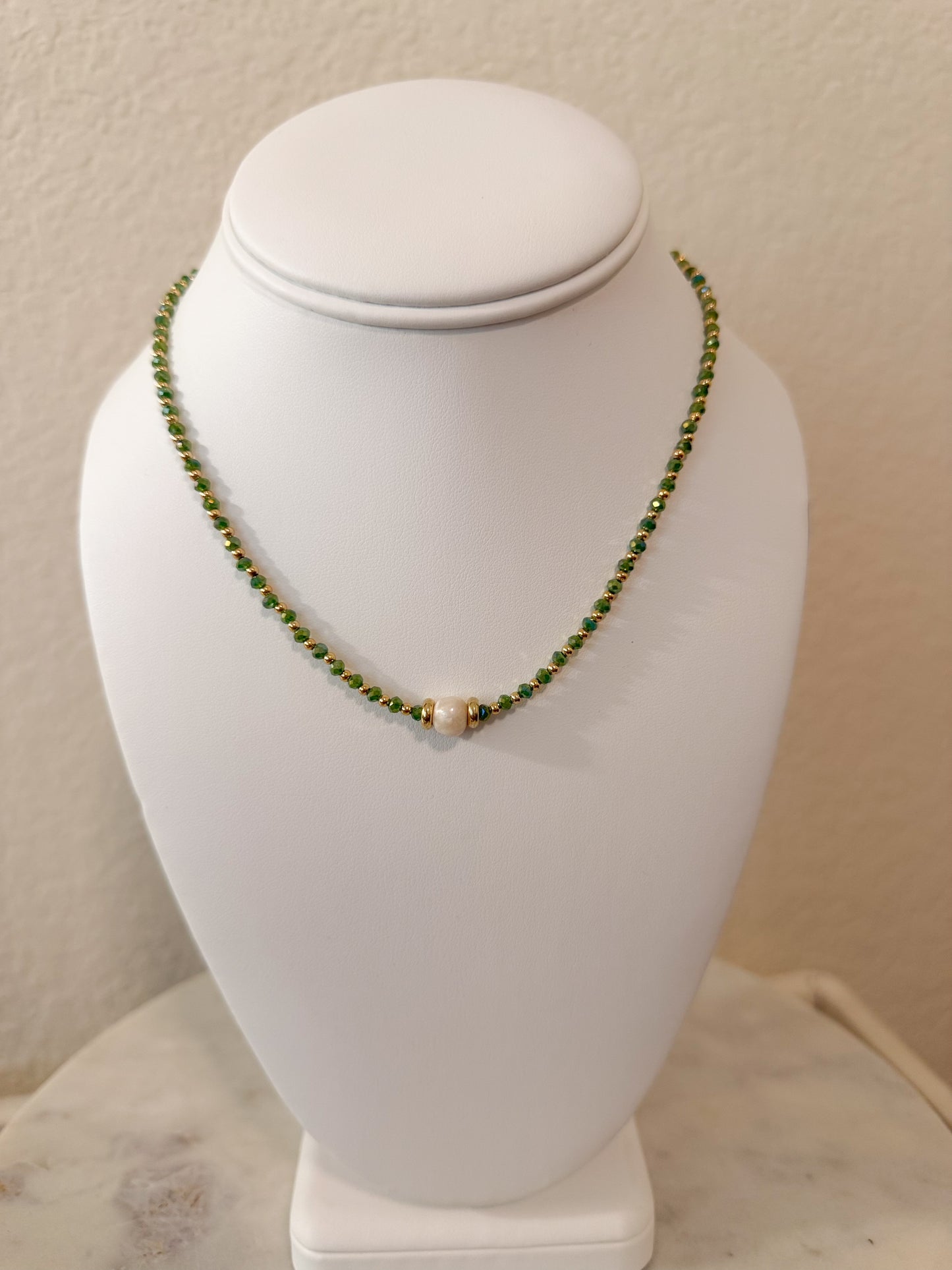 Green Beaded Pearl Accent Necklace