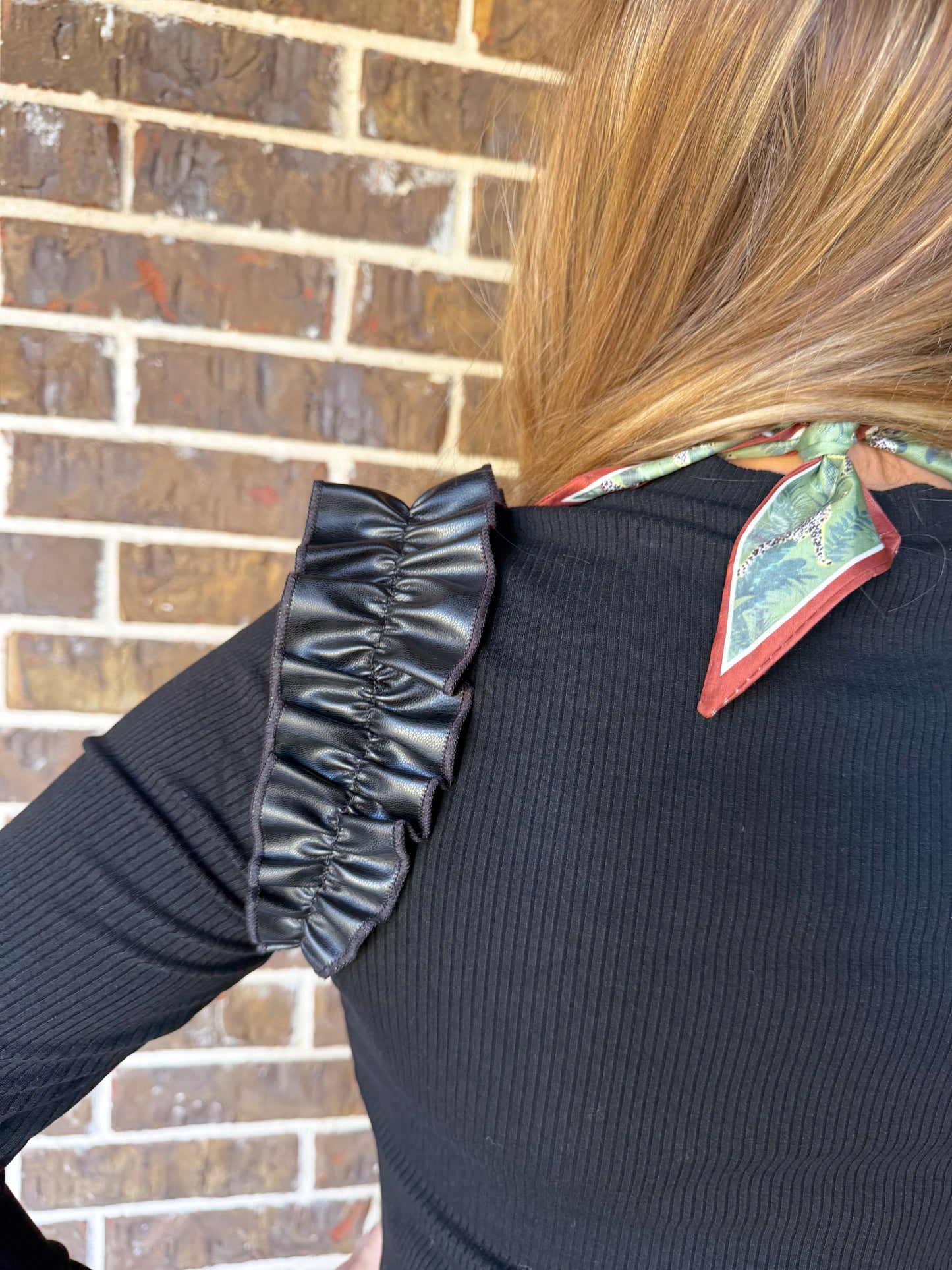 Black Ribbed Long Sleeve Top with Faux Leather Ruffle Shoulders