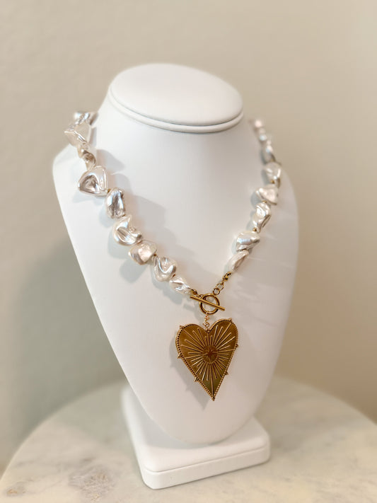 Pearl Heart Charm Statement Necklace