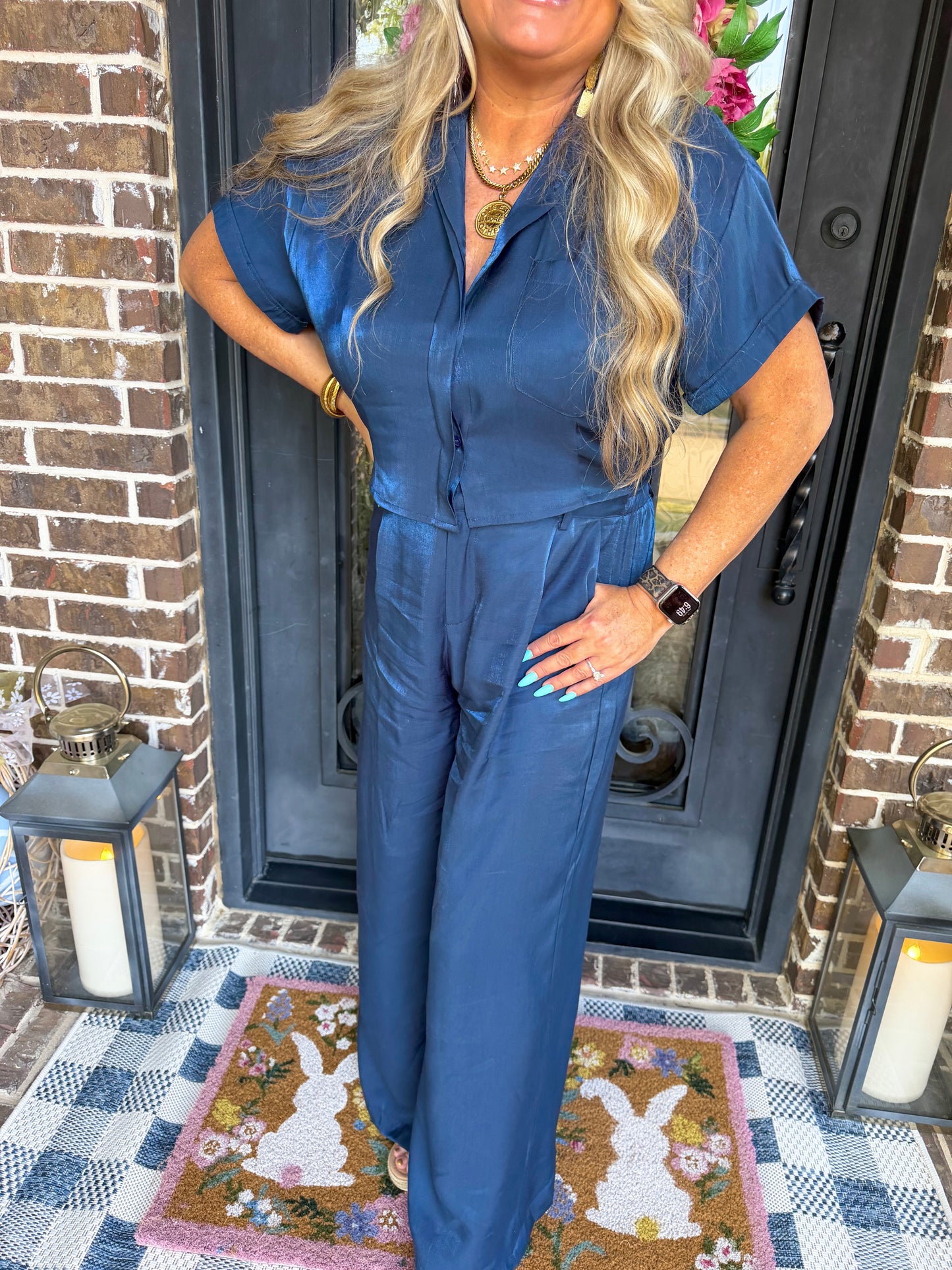 Navy Satin 2-Piece Set