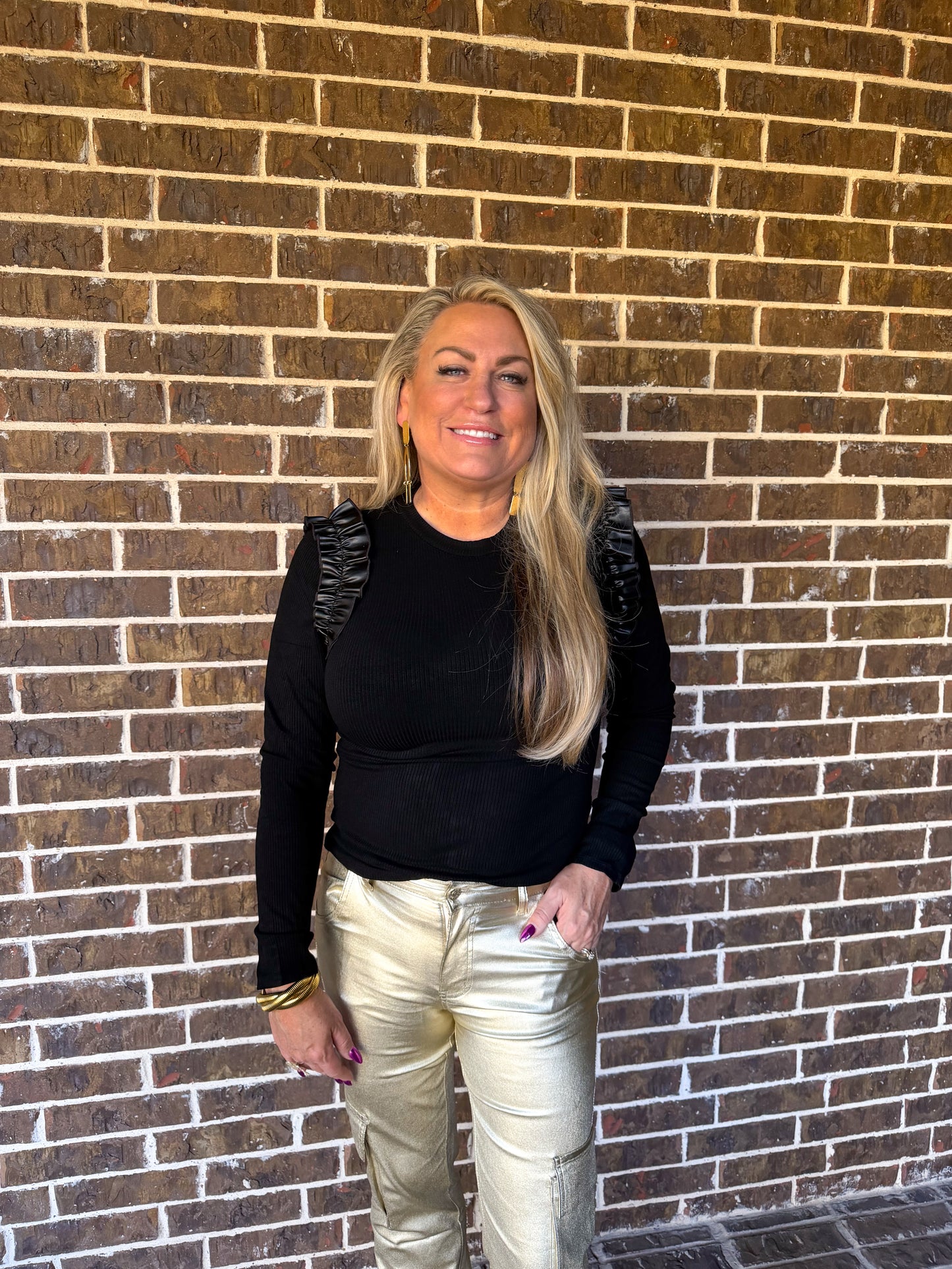 Black Ribbed Long Sleeve Top with Faux Leather Ruffle Shoulders