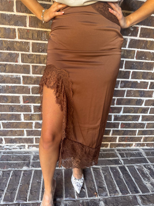 Mocha Lace Satin Slit Midi Skirt