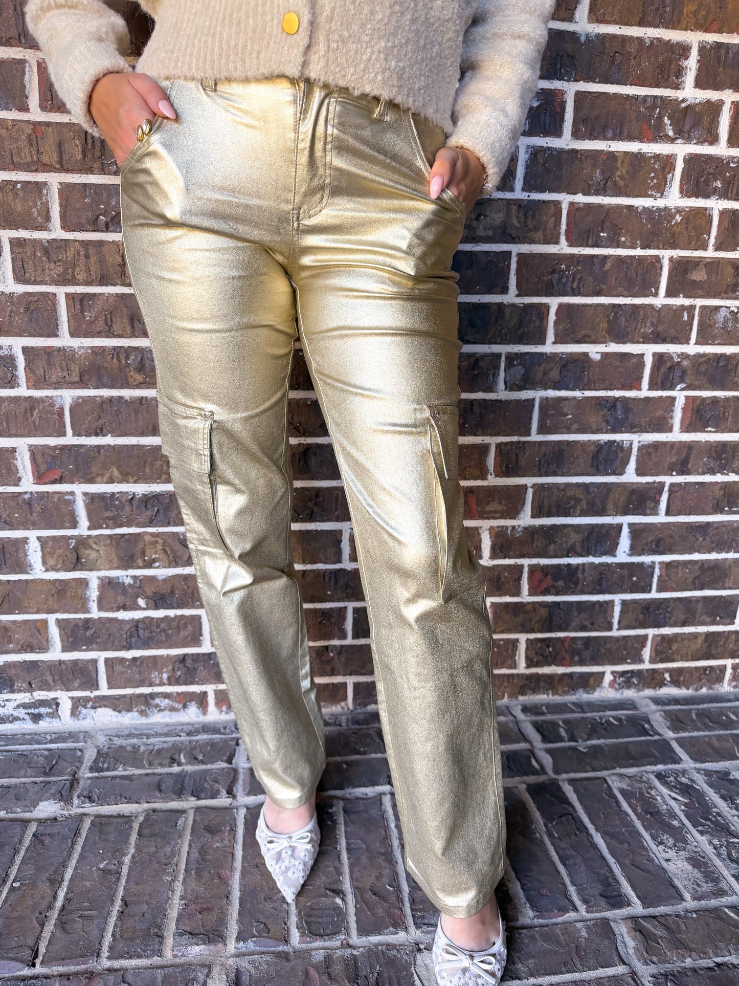 Metallic Gold Straight-Leg Pants