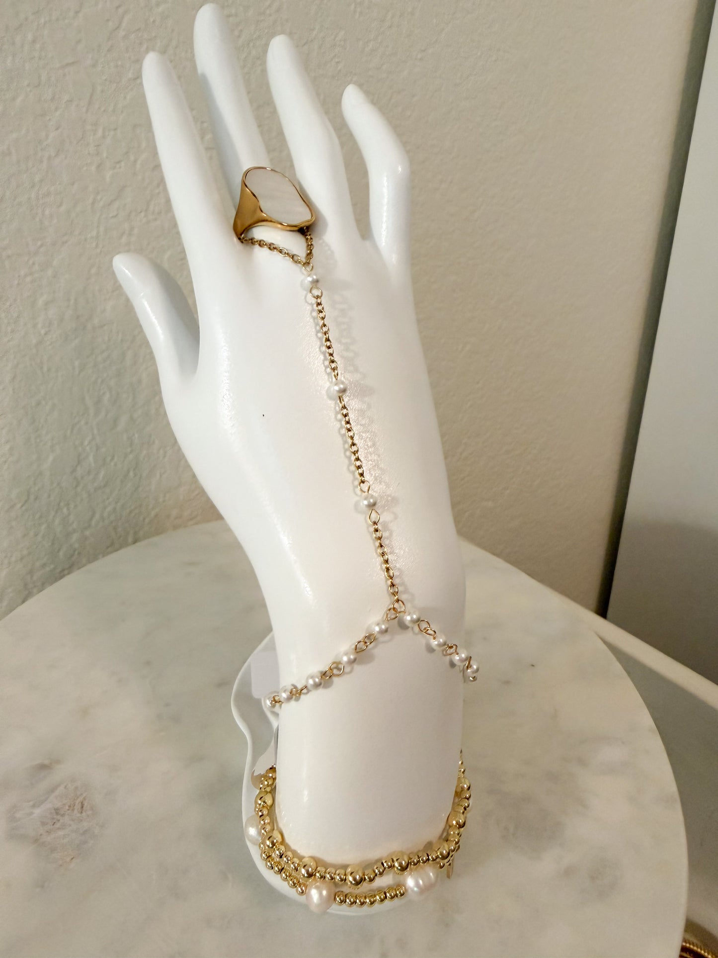 Pearl & Gold Hand Chain Bracelet