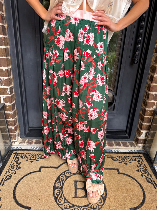 Emerald Green Floral Wide Leg Pants