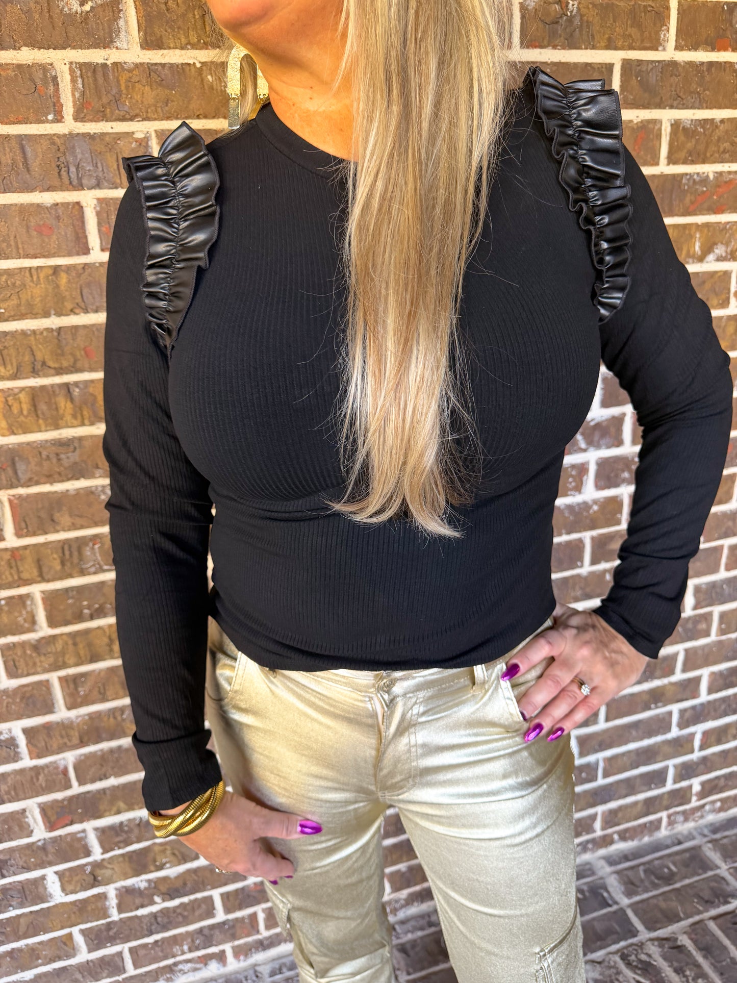 Black Ribbed Long Sleeve Top with Faux Leather Ruffle Shoulders