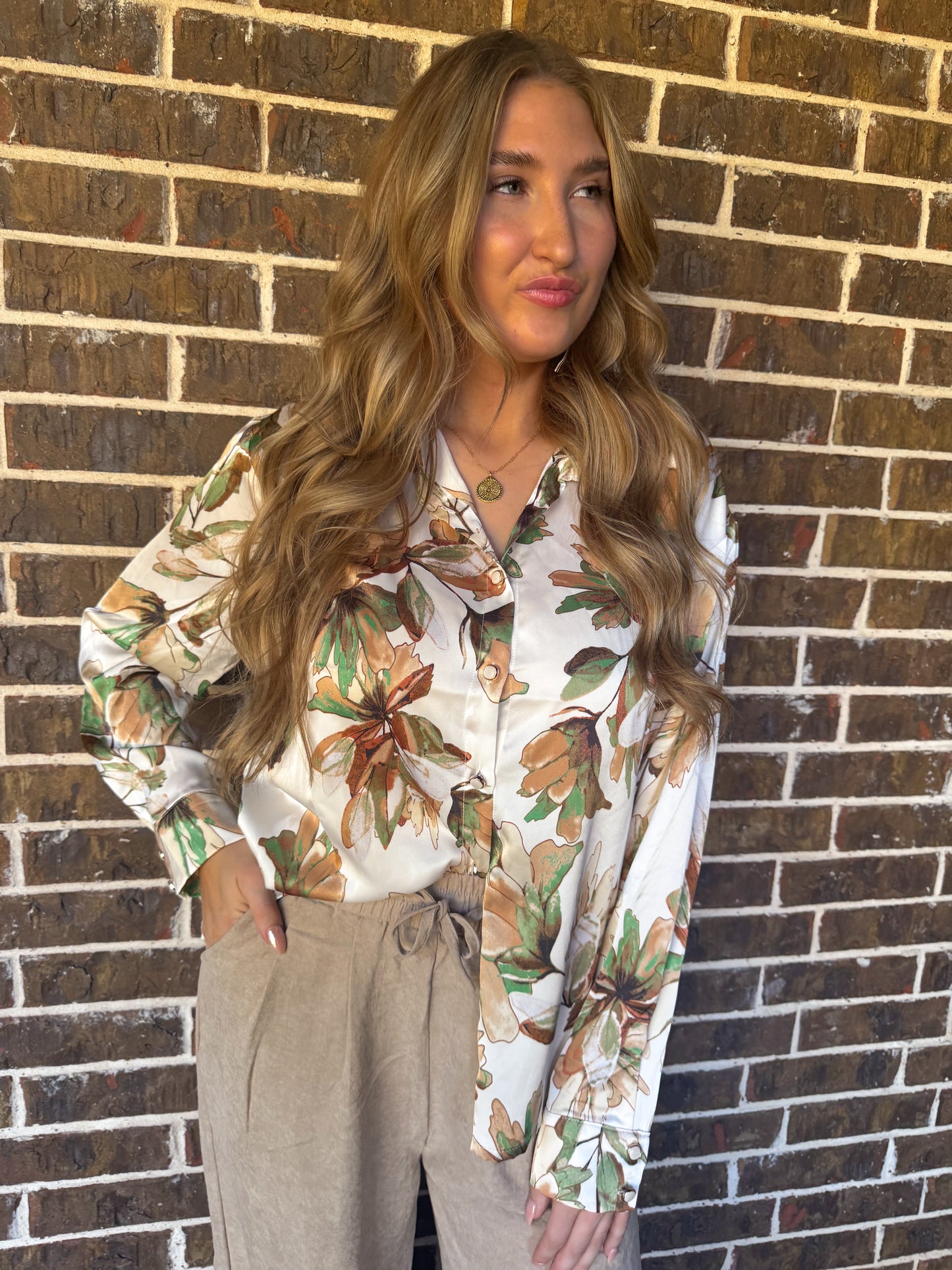 Floral Satin Button Down Blouse