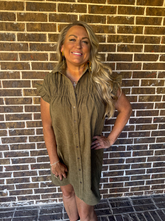 Olive Corduroy Button-Up Dress