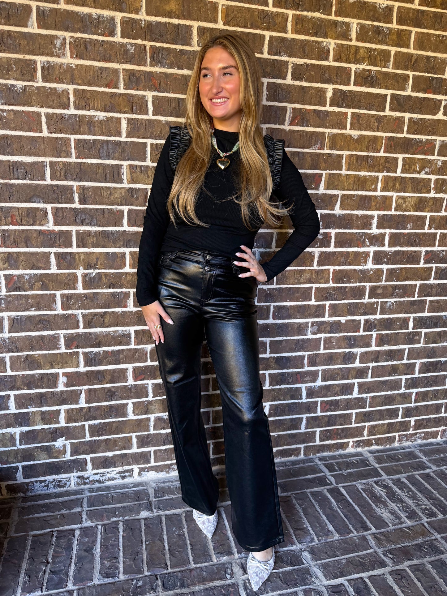 Black Faux Leather Straight-Leg Pants