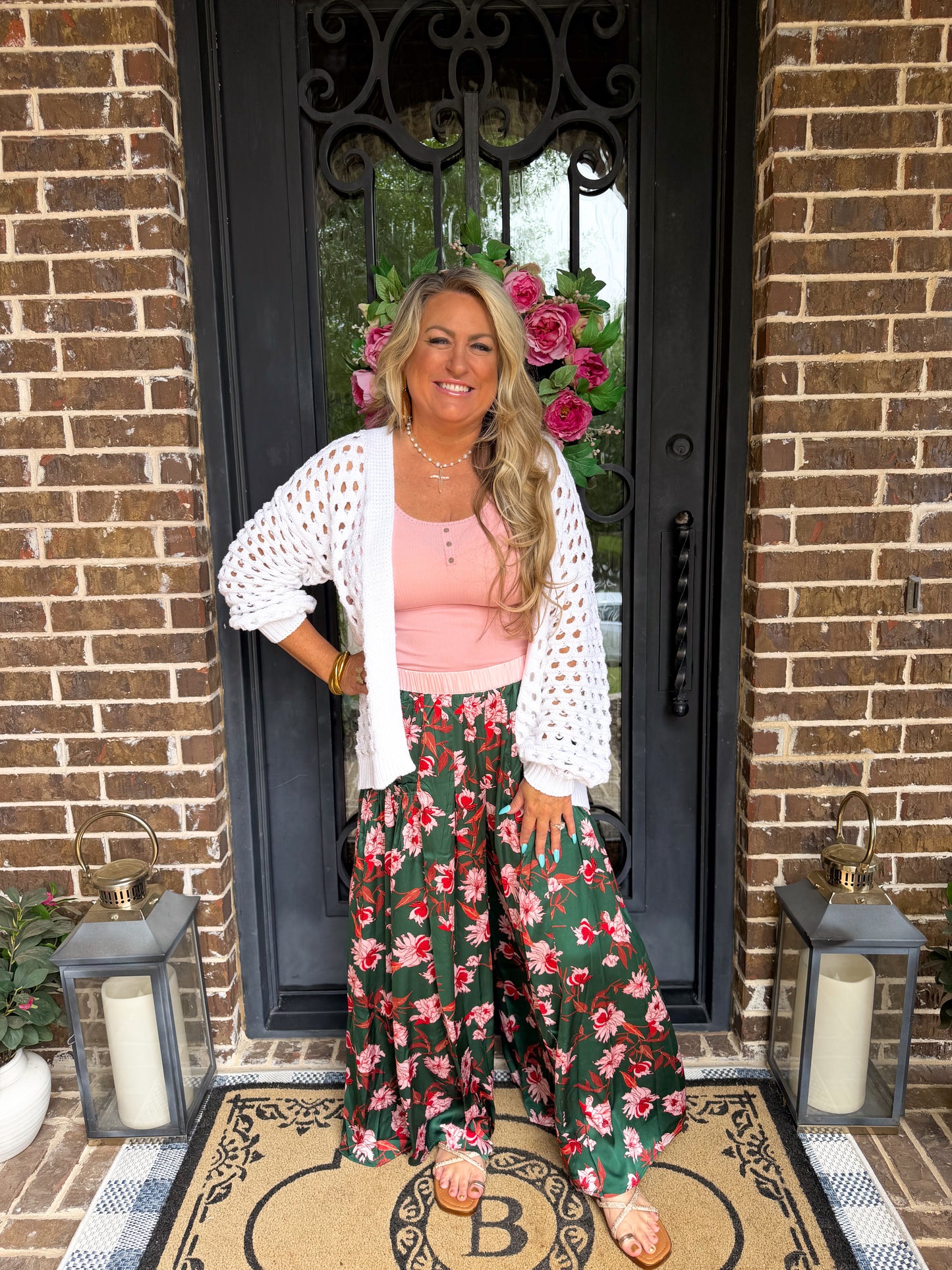 Emerald Green Floral Wide Leg Pants