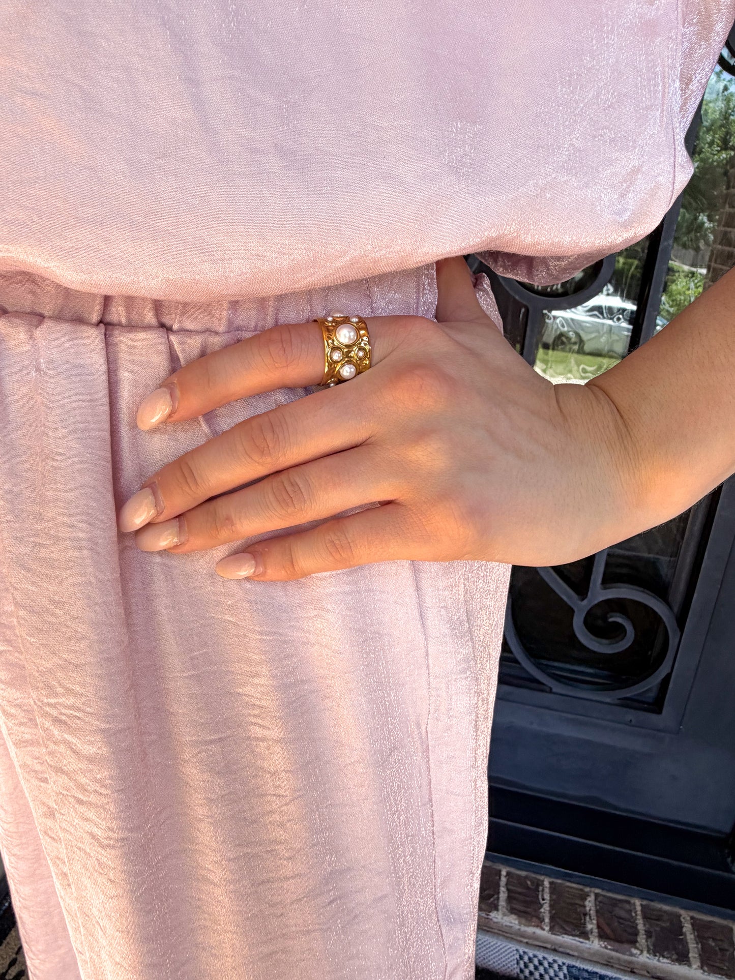Golden Pearl Adjustable Statement Ring