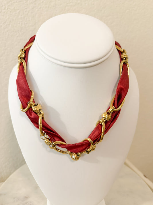 Maroon Scarf Chain Necklace with Gold Links