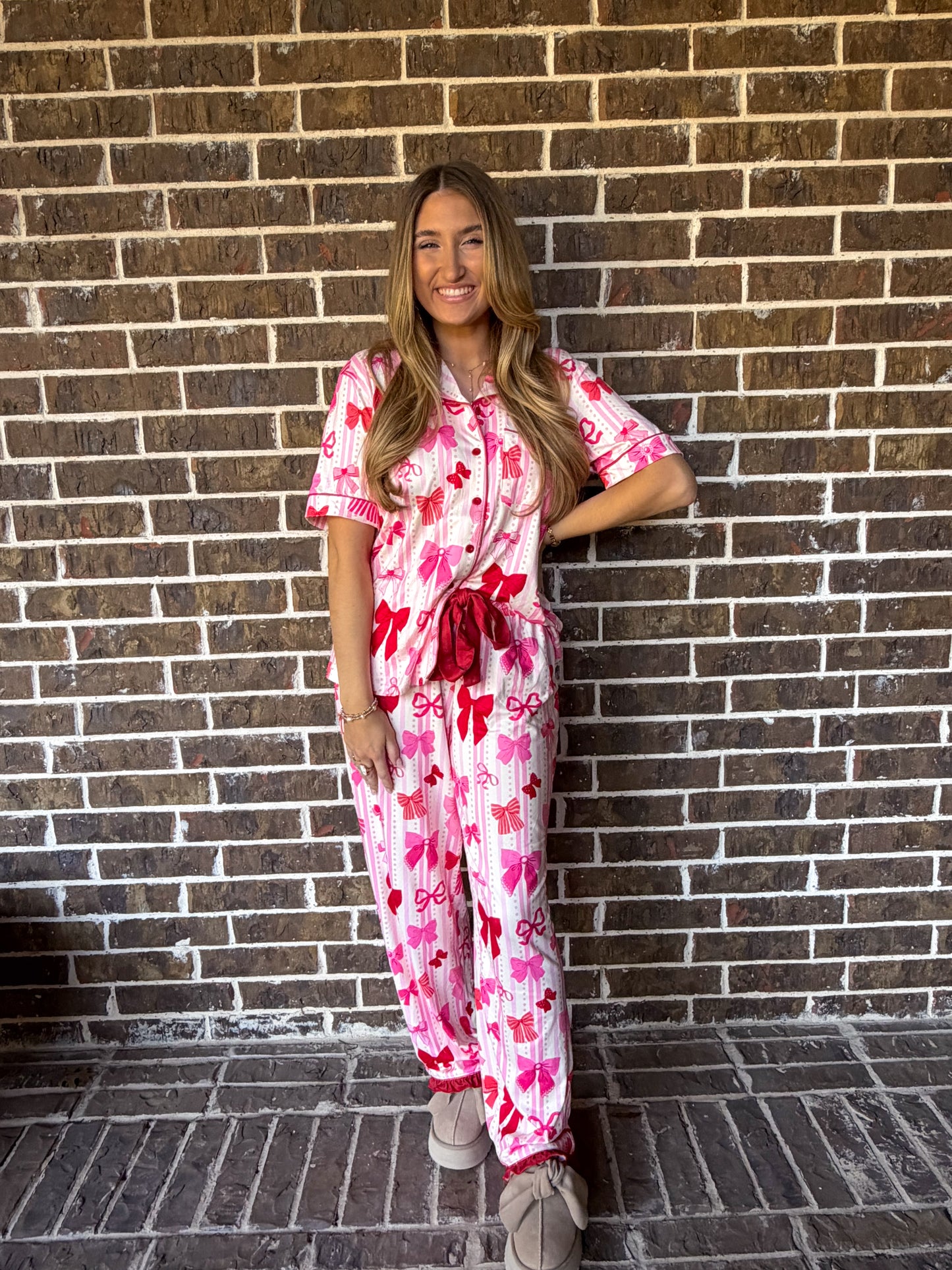 Pink Bow Print Pajama Set