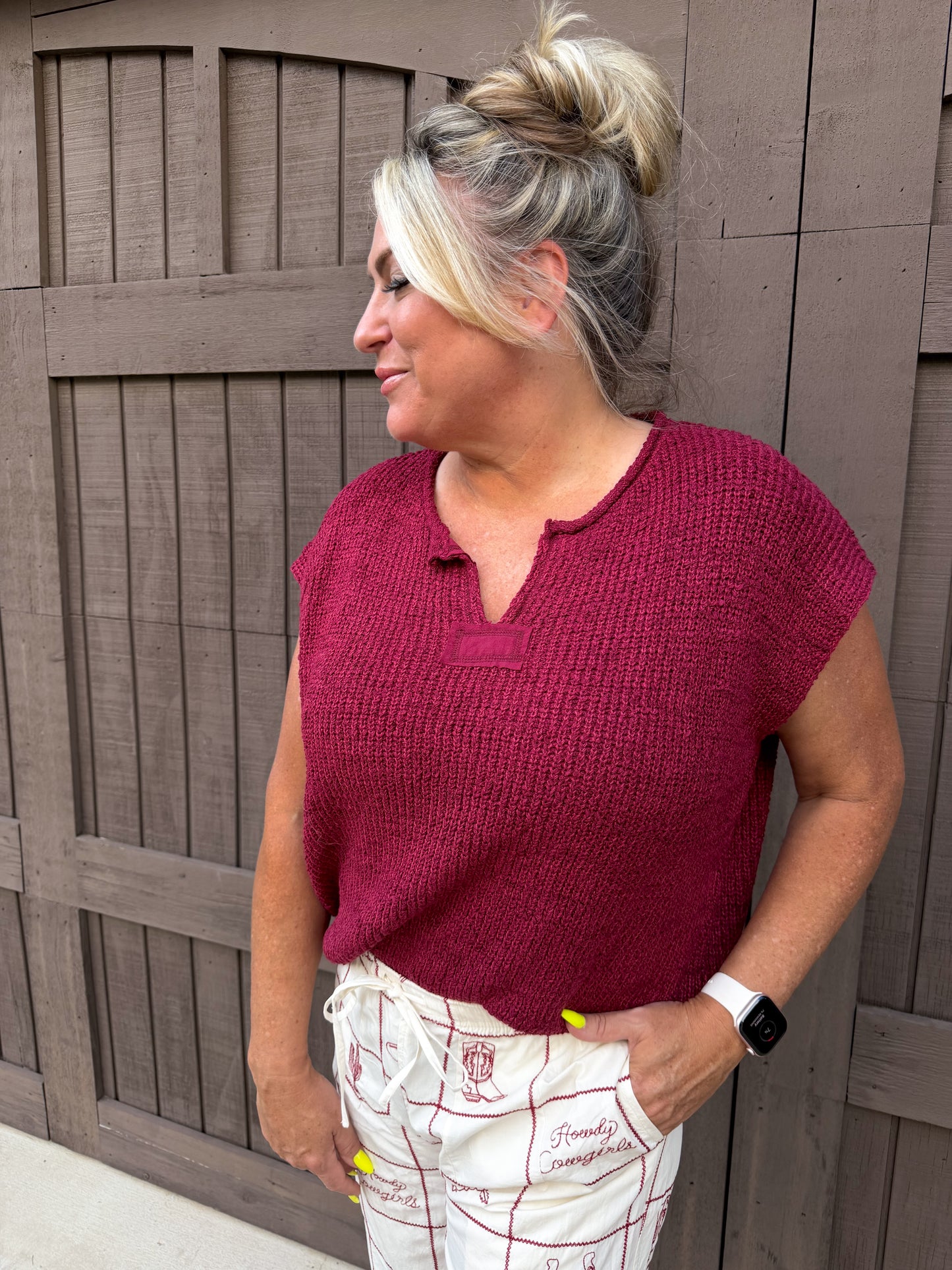 Maroon Knit Short Sleeve Sweater