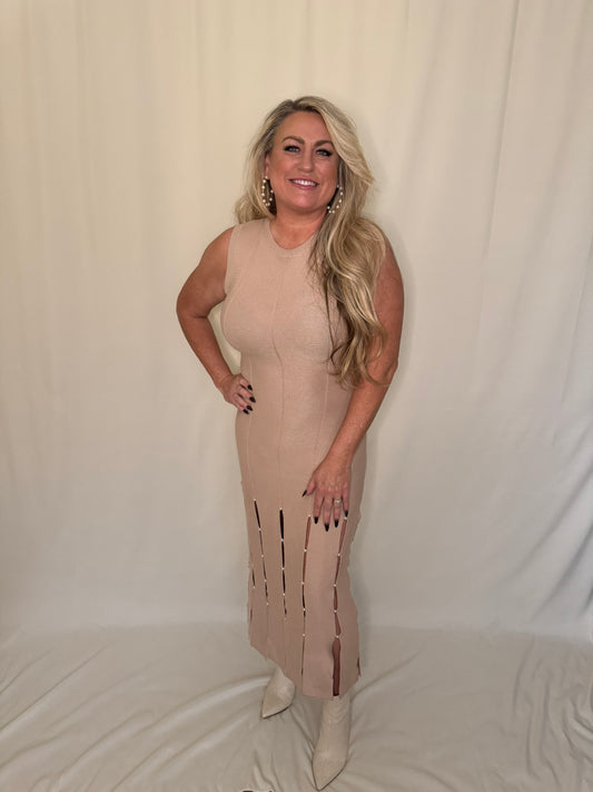 Knit Pearl Embellished Sleeveless Midi Dress