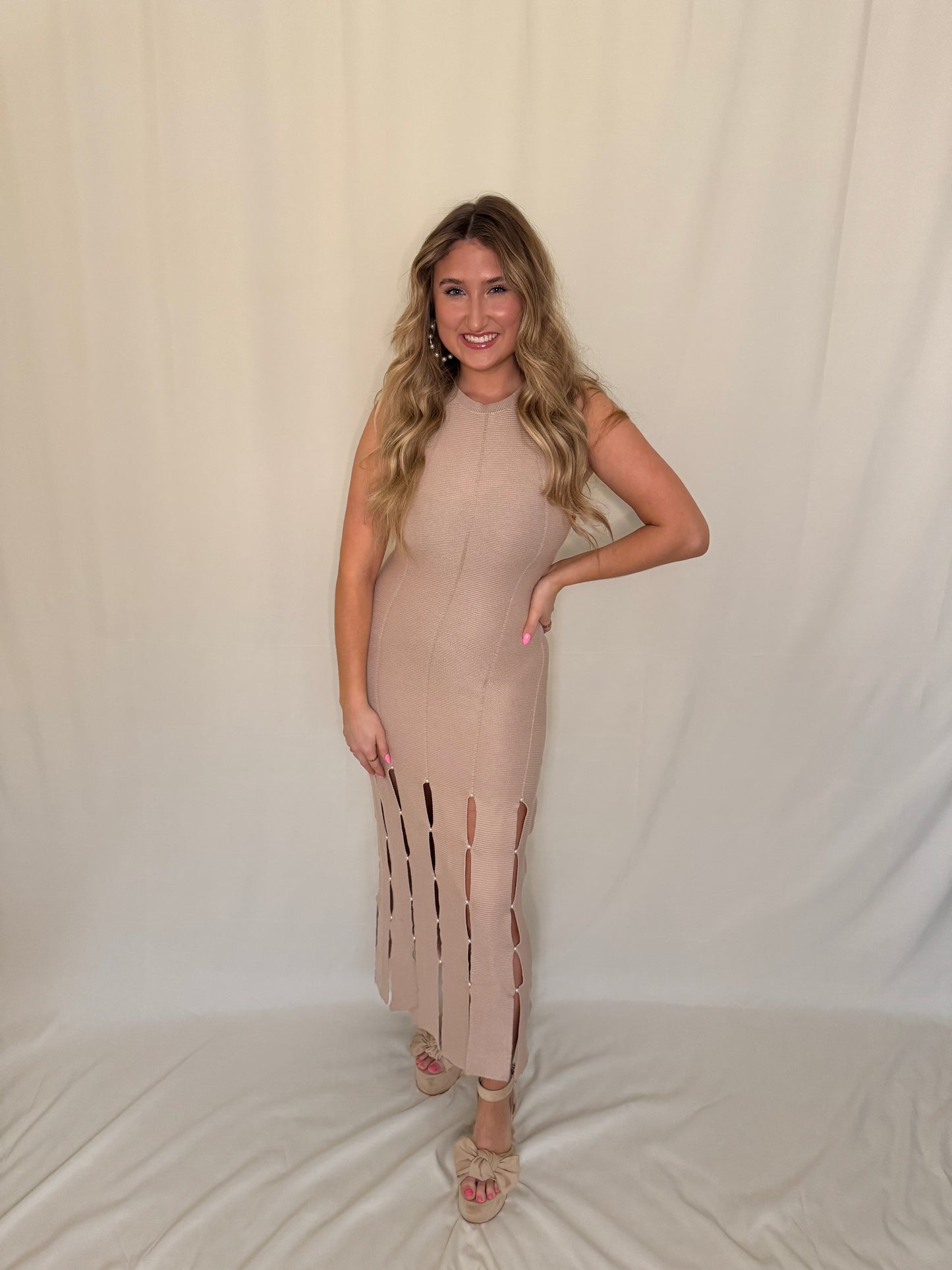 Knit Pearl Embellished Sleeveless Midi Dress