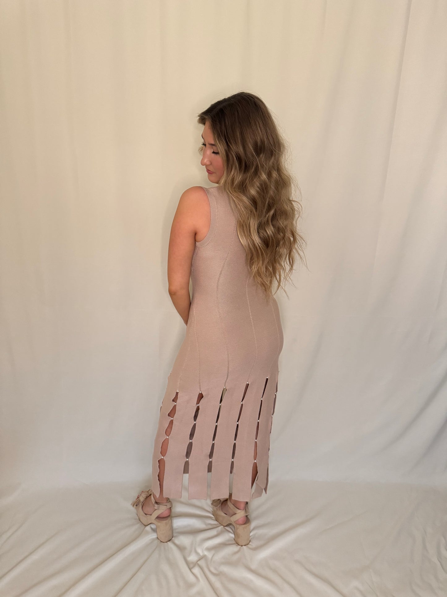 Knit Pearl Embellished Sleeveless Midi Dress