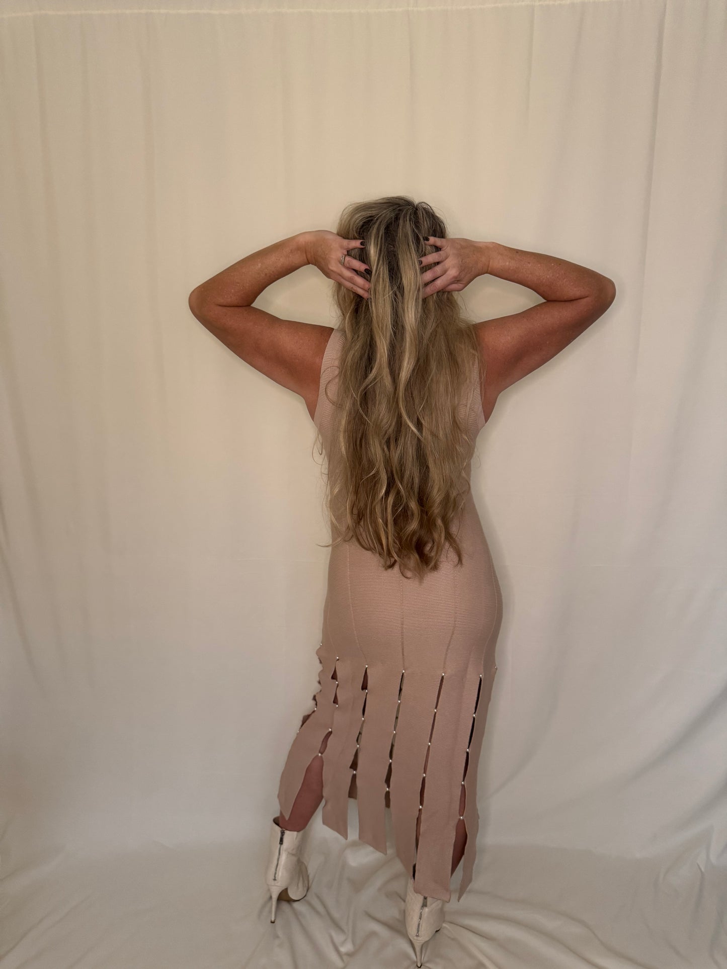 Knit Pearl Embellished Sleeveless Midi Dress