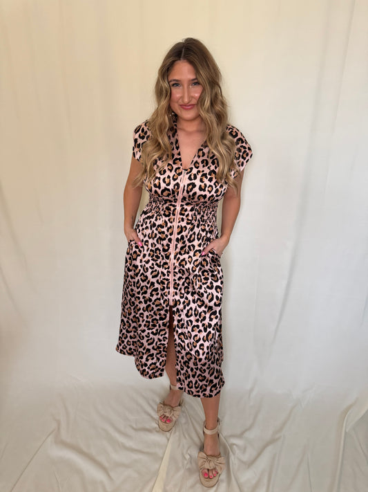 Leopard Print Zip-Front Midi Dress