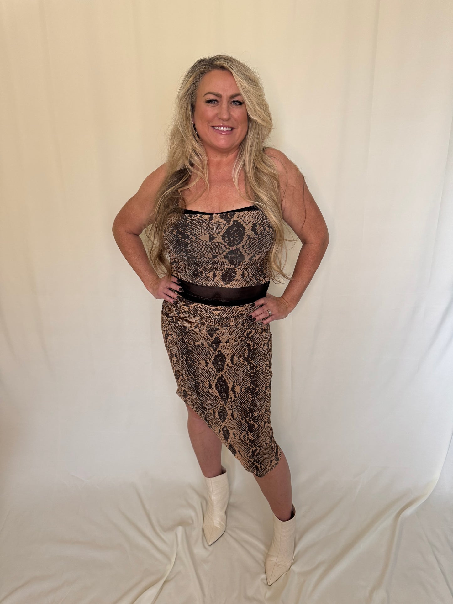 Brown Snakeskin Lace-Trim Two-Piece Set