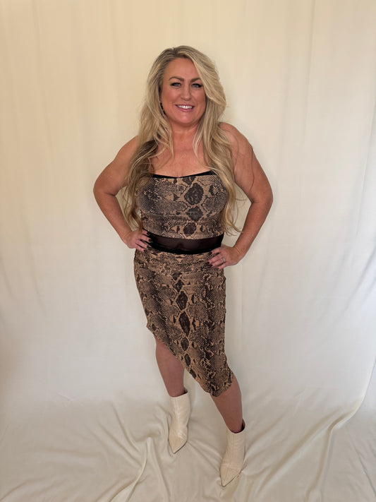 Brown Snakeskin Lace-Trim Two-Piece Set