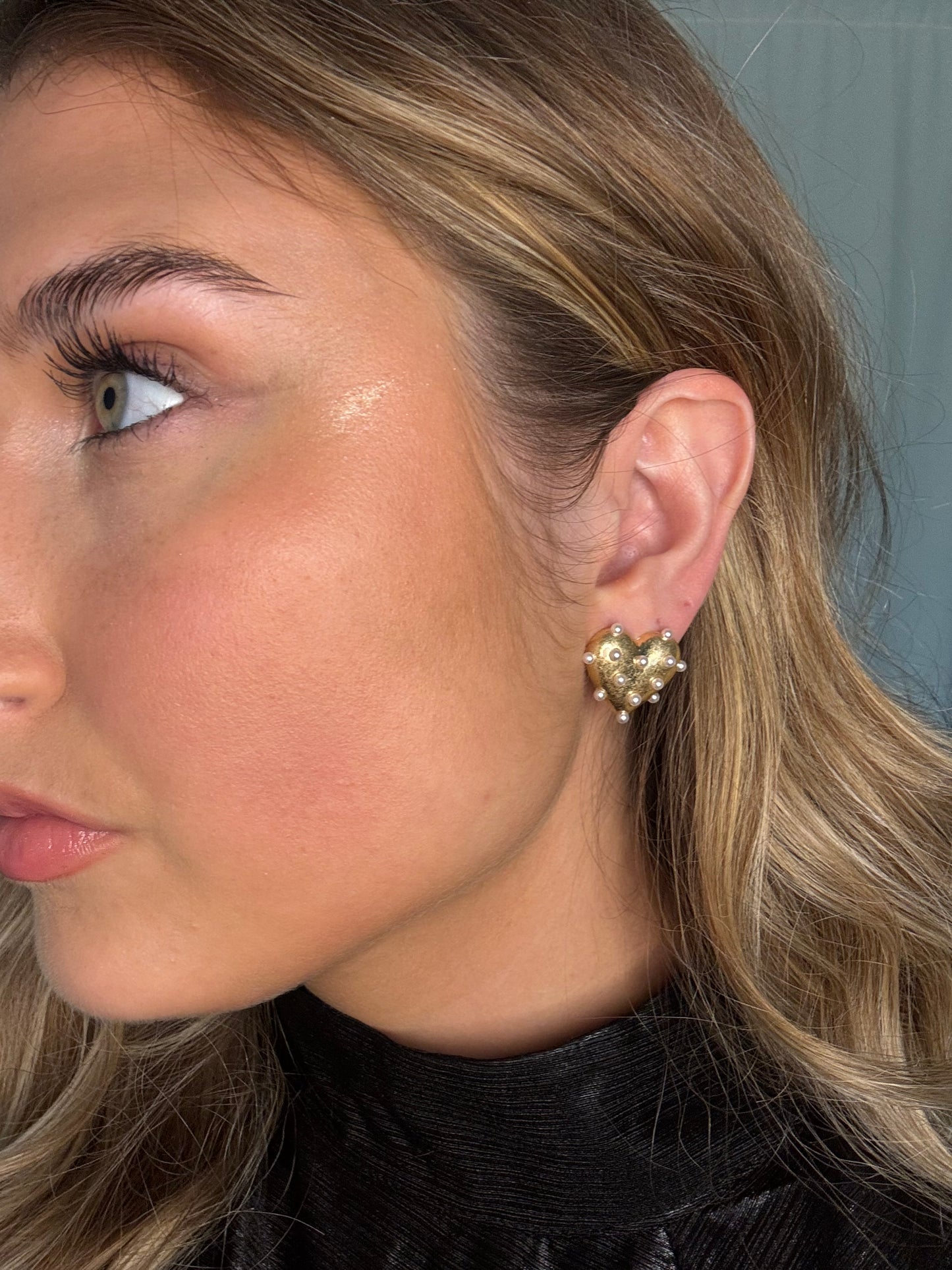 Gold Pearl Heart Statement Studs