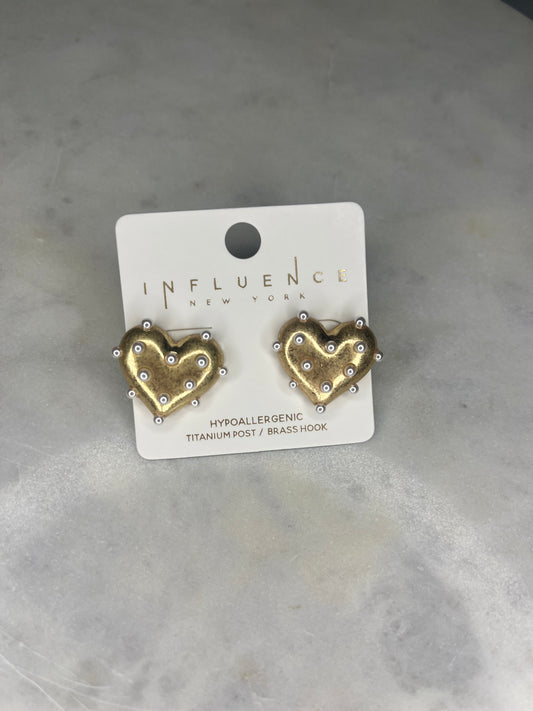 Gold Pearl Heart Statement Studs