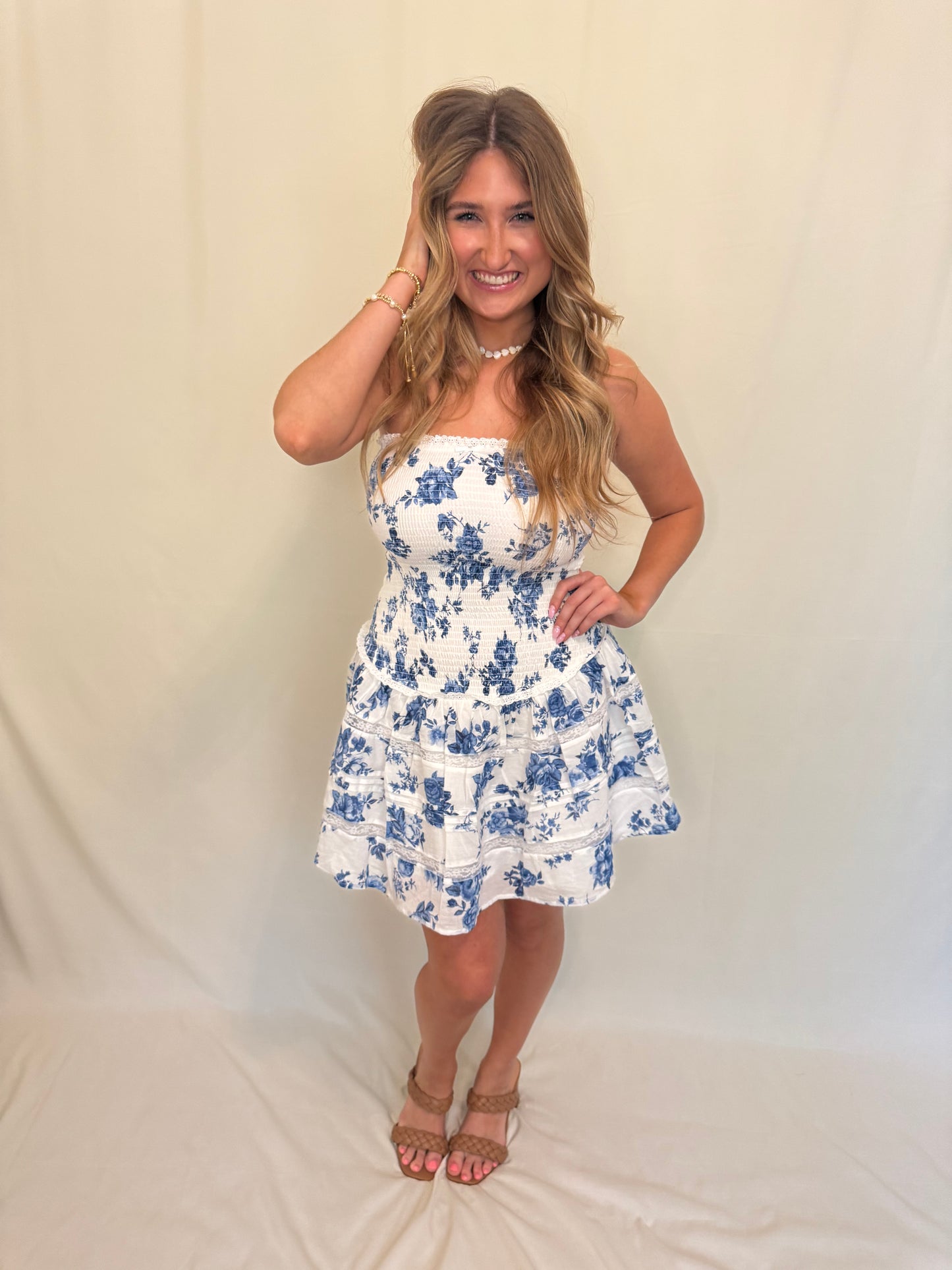 Blue & White Floral Smocked Mini Dress