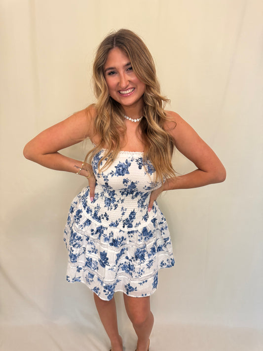 Blue & White Floral Smocked Mini Dress