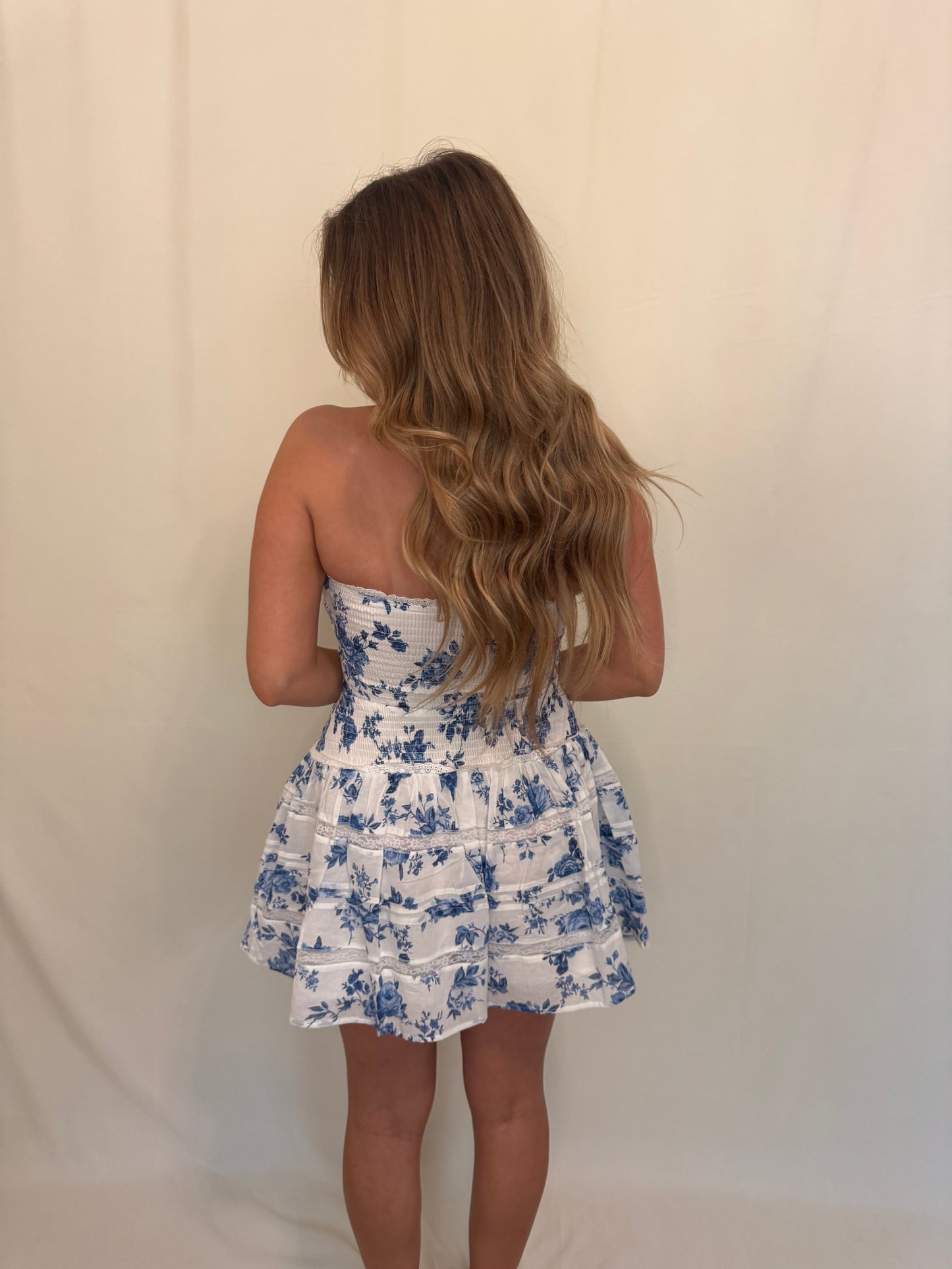 Blue & White Floral Smocked Mini Dress