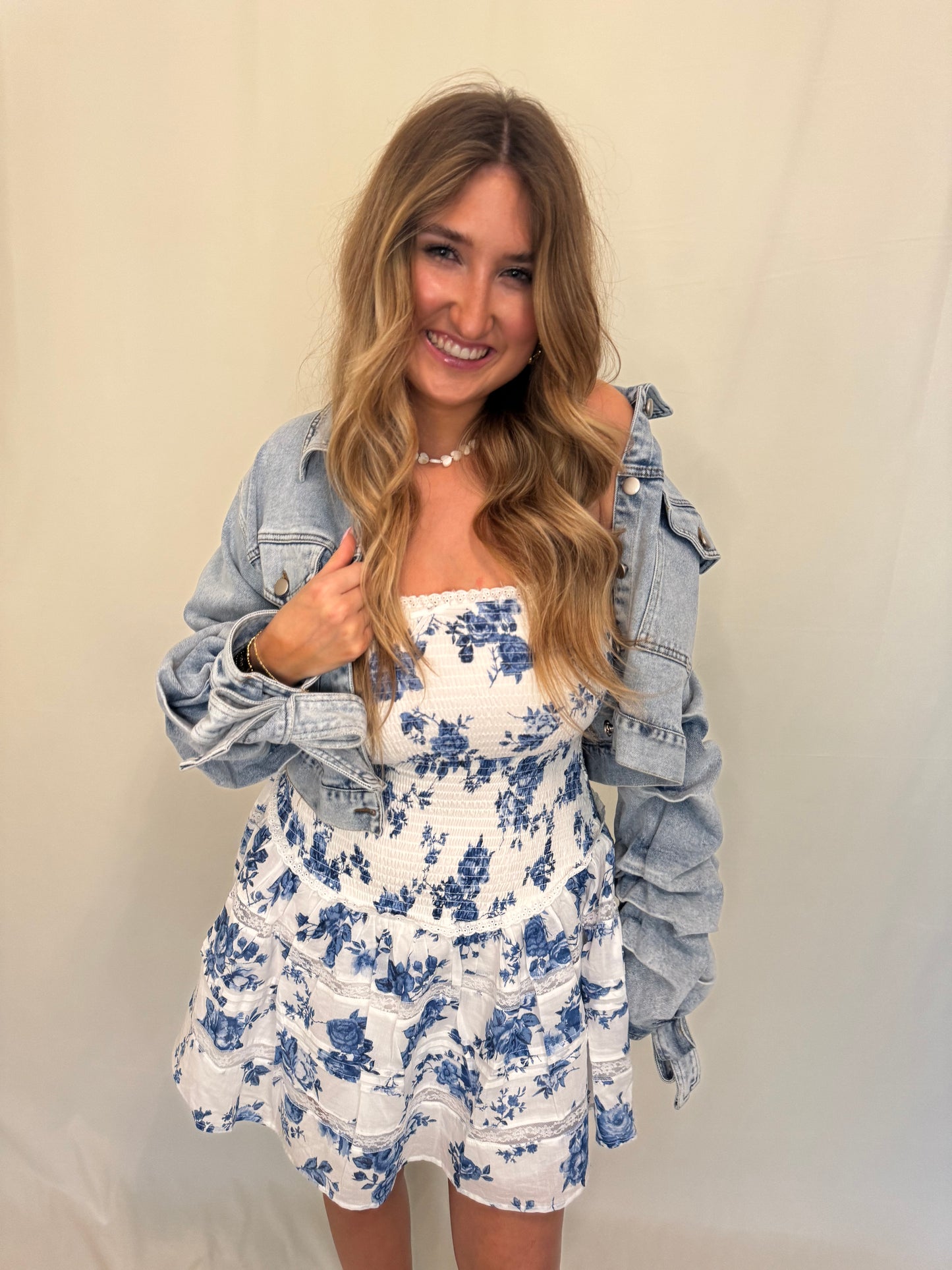 Blue & White Floral Smocked Mini Dress