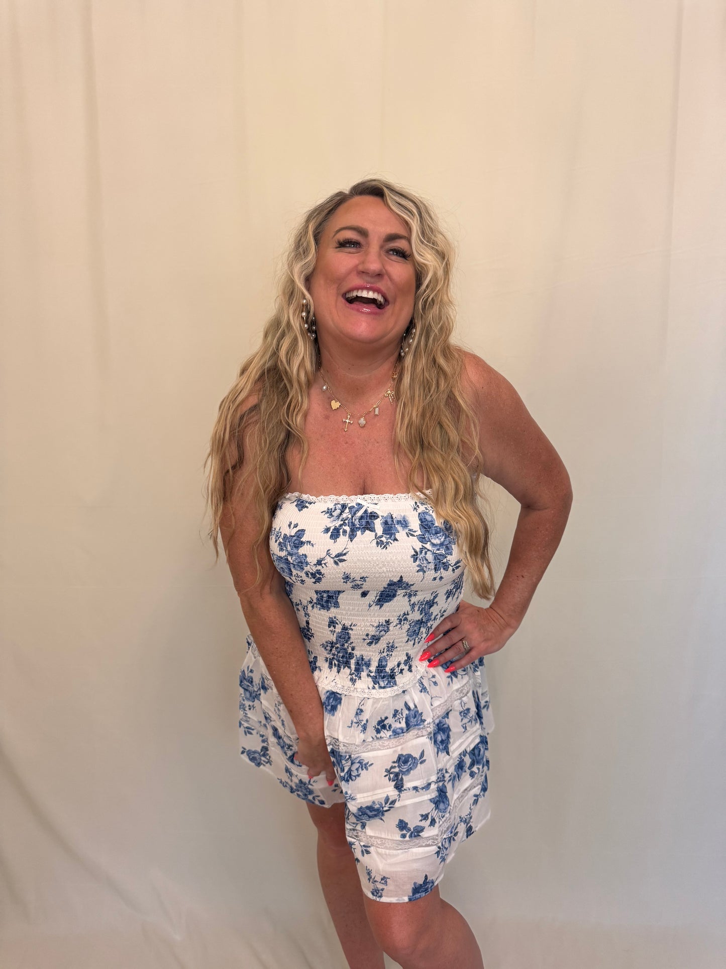 Blue & White Floral Smocked Mini Dress