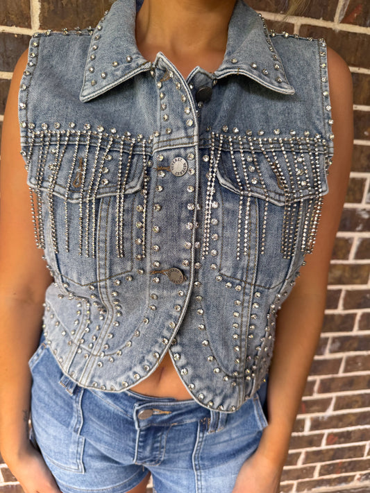 Rhinestone Tassel Denim Vest