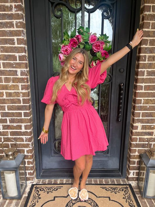 Pink Puff Sleeve Striped Bow Dress